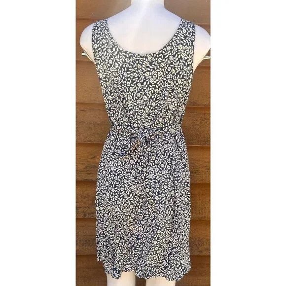 Handmade Black & White Floral Sleeveless Sun Dress W/ Waist Tie Lightweight Medi - Picture 2 of 7